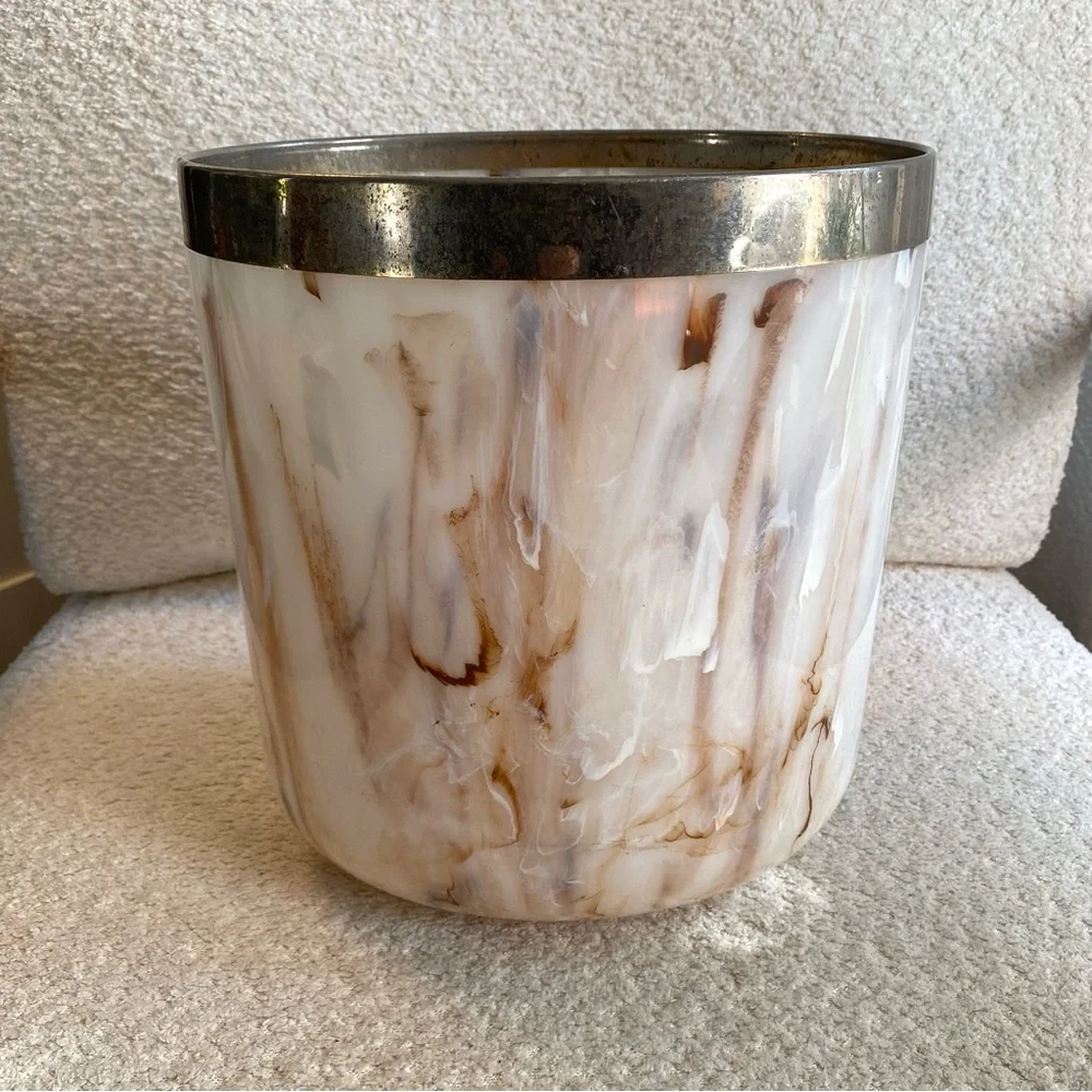 Vintage Mid Century Faux Marble Plastic Bathroom Wastebasket Gold Plated Rim
